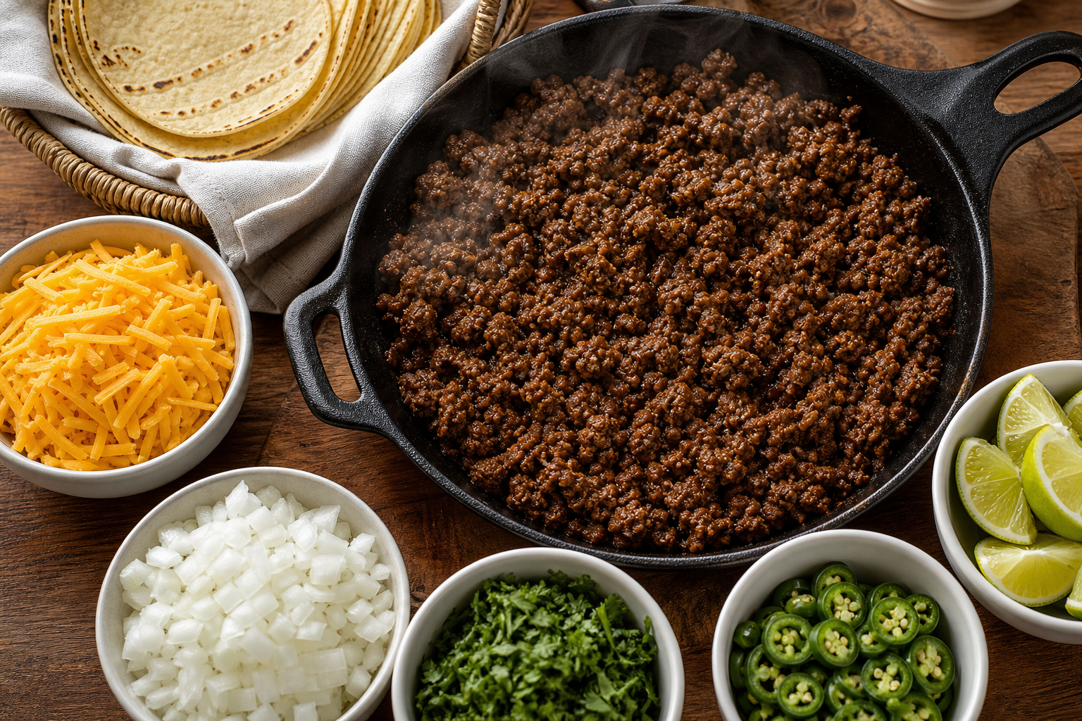 15 Taco Bar Ideas for Feeding a Crowd 17 Cast iron skillet of seasoned ground beef taco bar spread on rustic wooden table with toppings