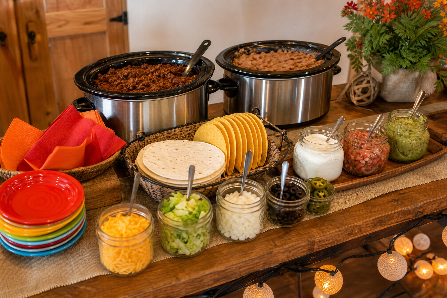 15 Taco Bar Ideas for Feeding a Crowd 18 Indoor party taco bar buffet with two slow cookers of ground beef and refried beans