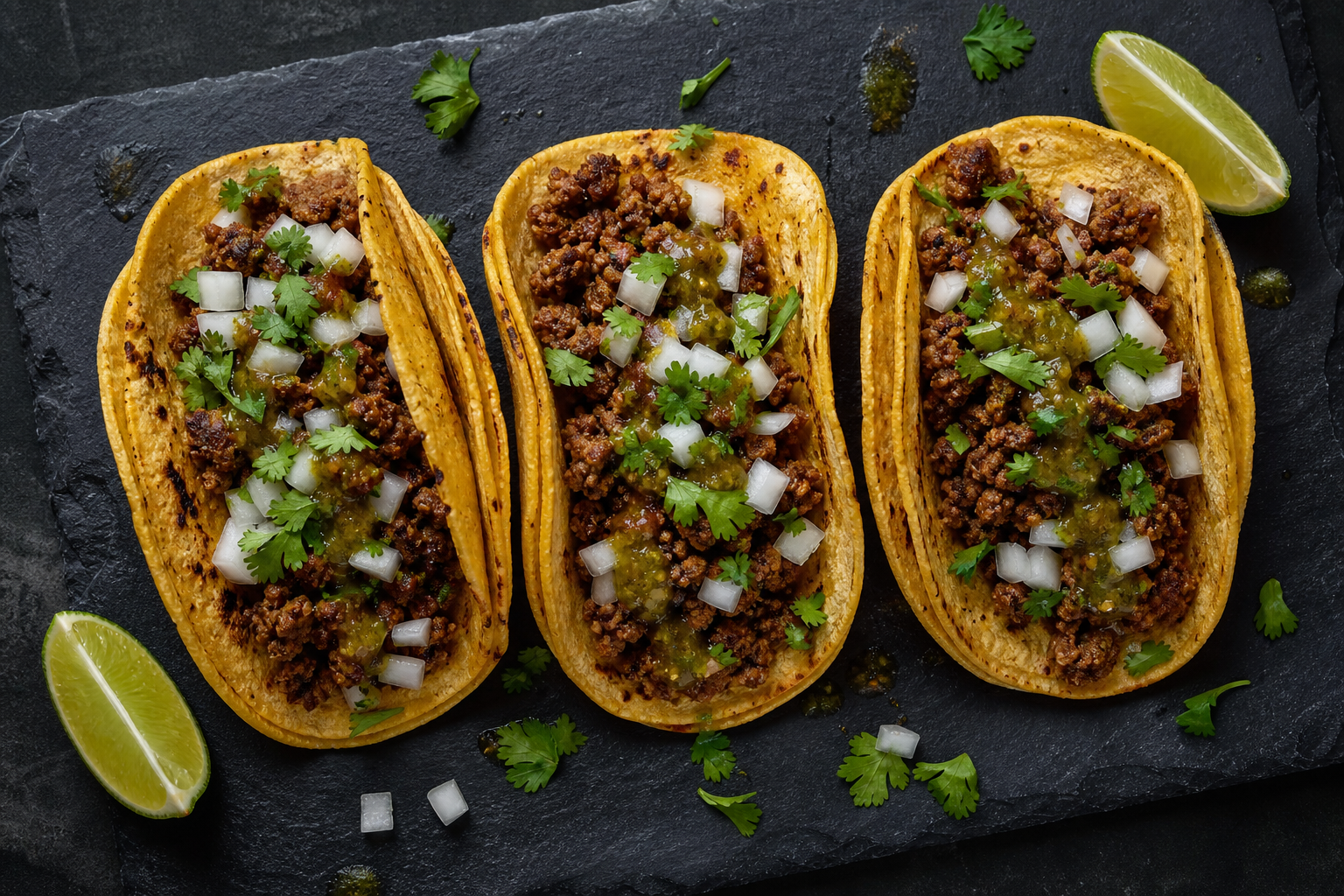 15 Taco Bar Ideas for Feeding a Crowd 19 Three assembled ground beef street tacos on dark slate board with tomatillo salsa and lime