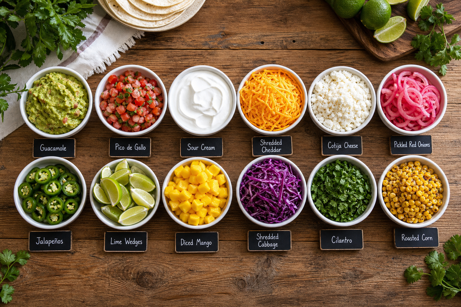 15 Taco Bar Ideas for Feeding a Crowd 29 Overhead taco toppings station with twelve small white bowls on wooden farmhouse table with chalkboard labels