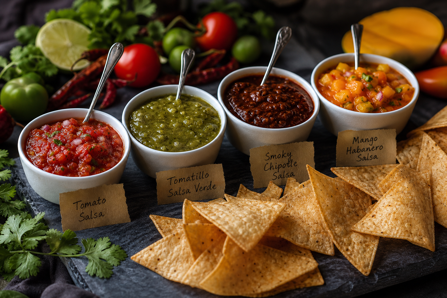 15 Taco Bar Ideas for Feeding a Crowd 30 Salsa flight of four different salsas in white ramekins on slate board with tortilla chips