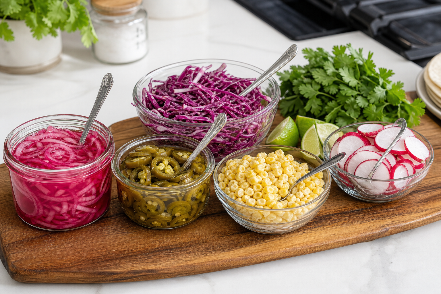 15 Taco Bar Ideas for Feeding a Crowd 31 Pickled vegetable taco toppings section with red onions jalapeños cabbage slaw and radishes on white counter