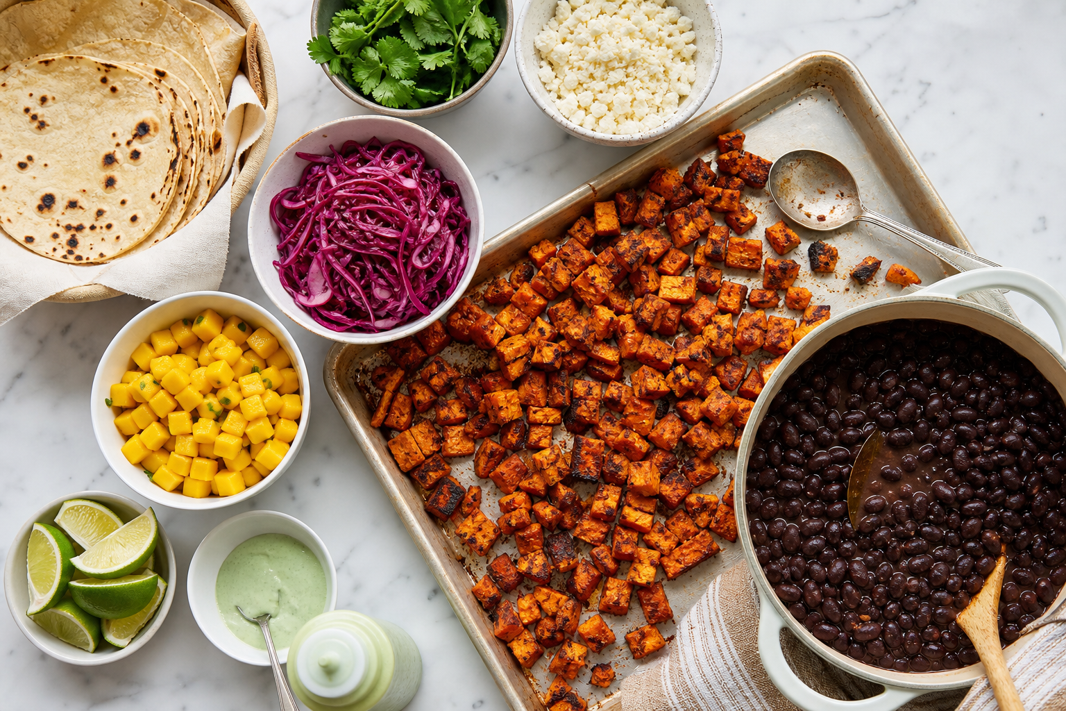 15 Taco Bar Ideas for Feeding a Crowd 26 Overhead vegetarian taco bar with chipotle roasted sweet potato black beans and colorful toppings on marble