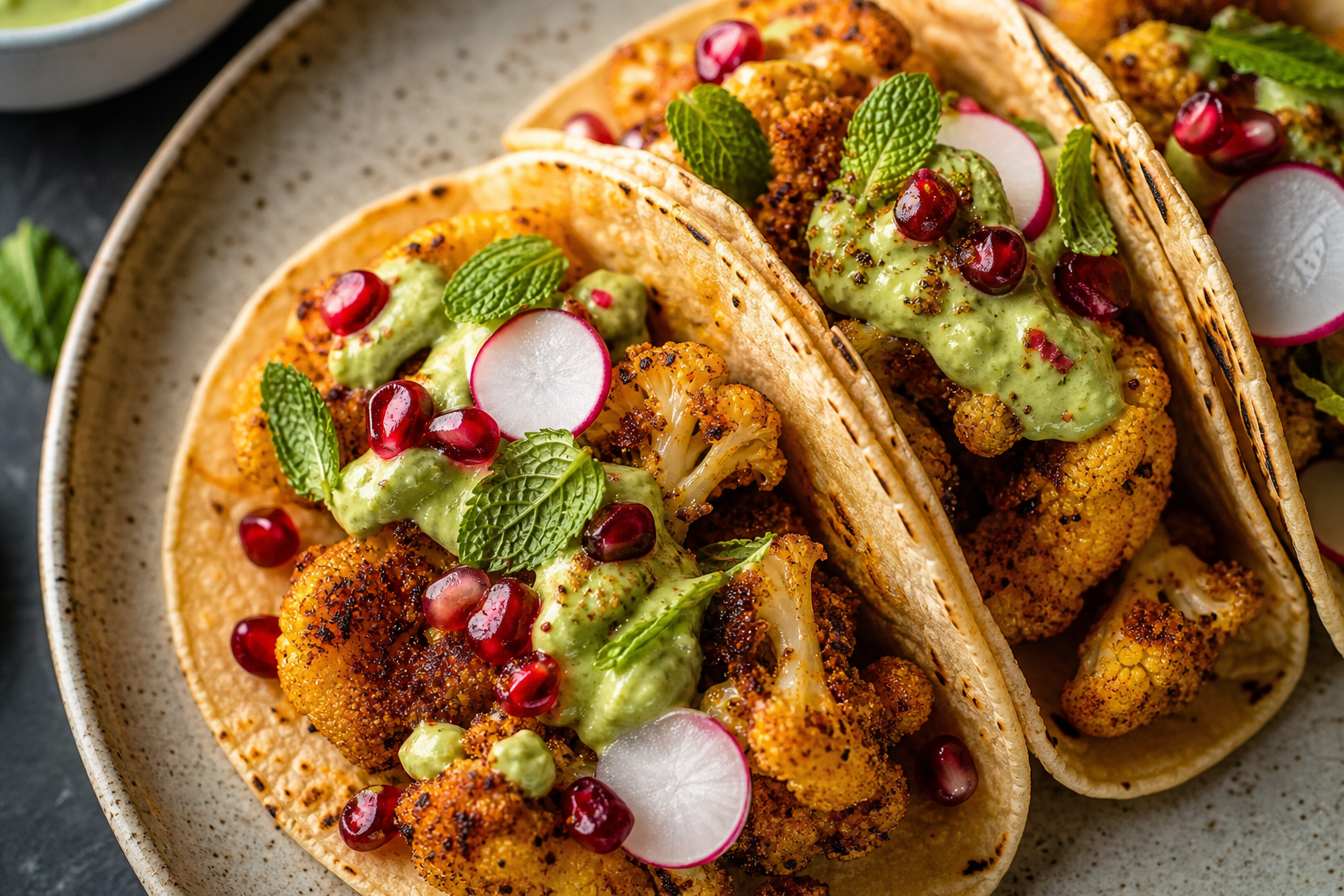 15 Taco Bar Ideas for Feeding a Crowd 27 Spiced roasted cauliflower tacos with avocado crema pomegranate seeds and mint on corn tortillas
