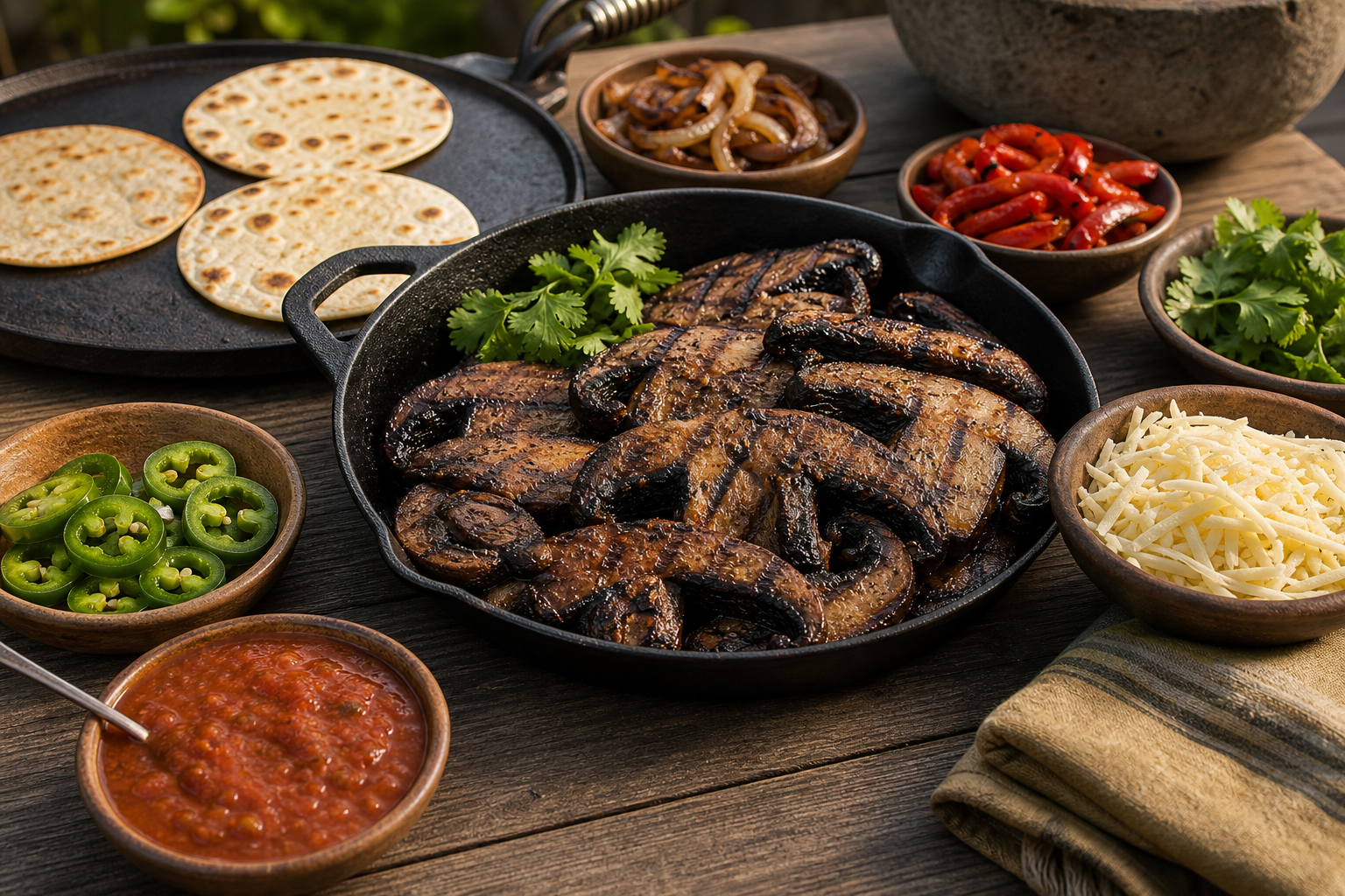 15 Taco Bar Ideas for Feeding a Crowd 28 Grilled portobello mushroom taco bar with caramelized onions and Oaxacan cheese on outdoor wooden table