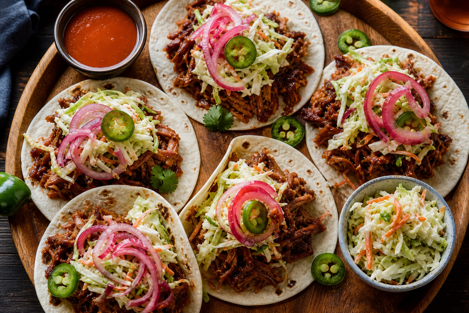 15 Taco Night Meat Filling Ideas 21 BBQ pulled pork tacos with smoky glaze, coleslaw, pickled red onions, and jalapeño
