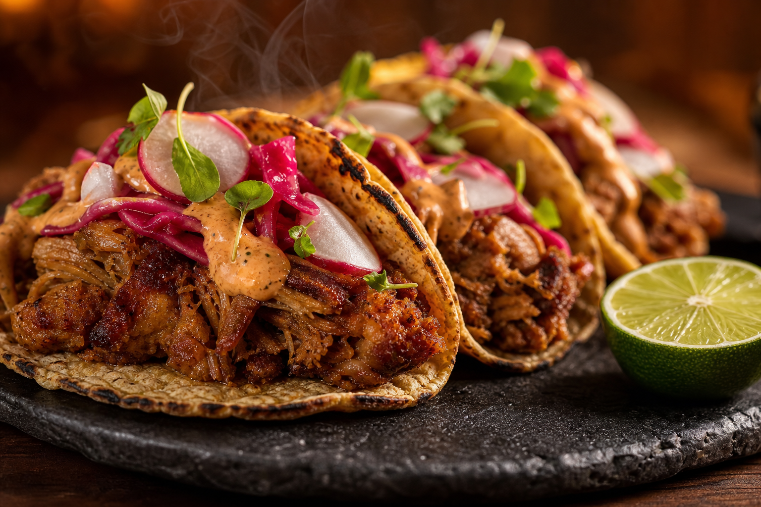 15 Taco Night Meat Filling Ideas 22 Crispy carnitas tacos with sliced radish, pickled cabbage, micro cilantro, and chipotle crema