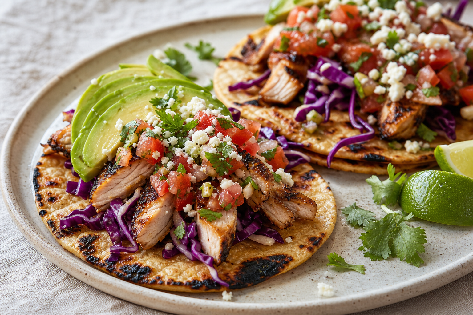 15 Taco Night Meat Filling Ideas 26 Grilled chicken thigh tacos with pico de gallo, purple cabbage, avocado, and cotija cheese