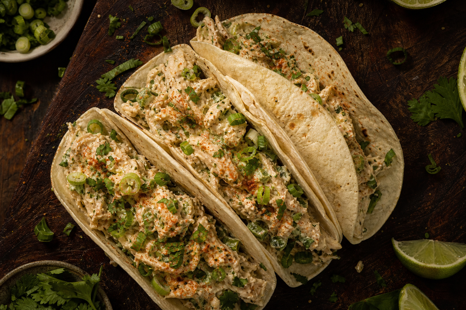 15 Taco Night Meat Filling Ideas 27 Creamy white chicken tacos with queso sauce, roasted poblano, green onions, and cilantro