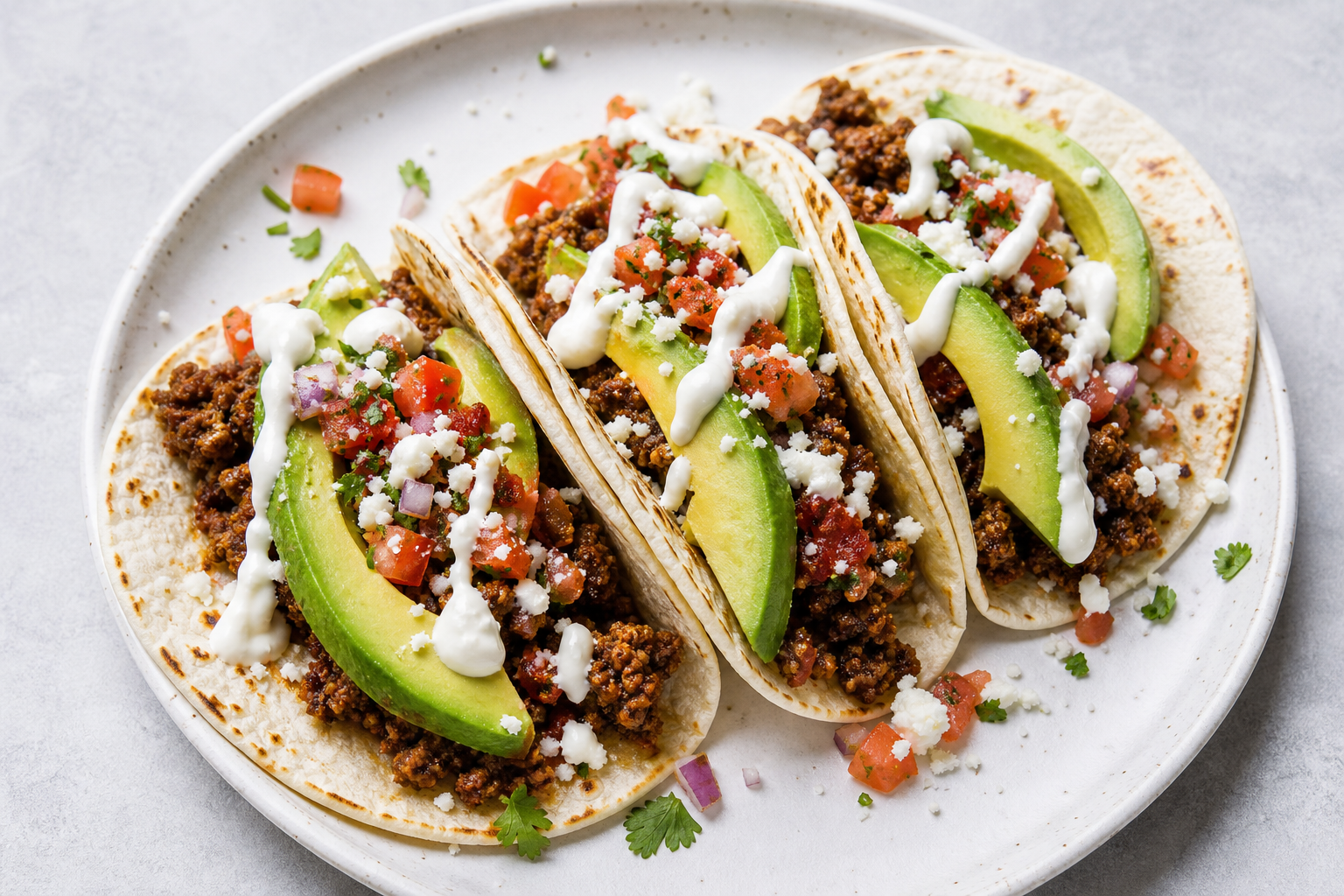 15 Taco Night Meat Filling Ideas 18 Soft flour tortilla tacos with ground beef, avocado slices, pico de gallo, and cotija cheese