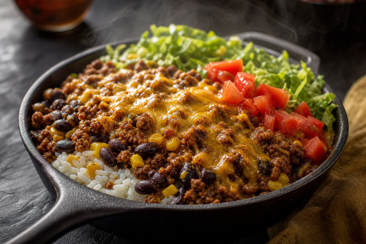 15 Taco Night Meat Filling Ideas 19 Cast iron skillet taco bowl with ground beef, rice, black beans, corn, and melted cheese