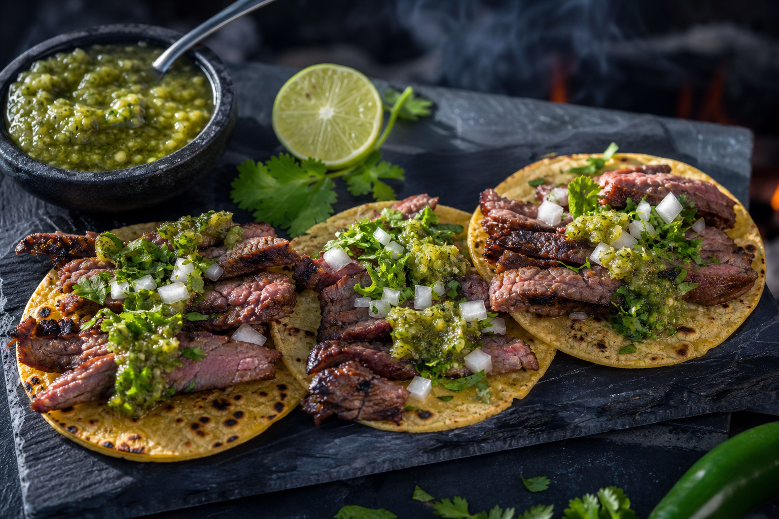 15 Taco Night Meat Filling Ideas 23 Carne asada tacos on charred corn tortillas with skirt steak, cilantro, onion, and salsa verde