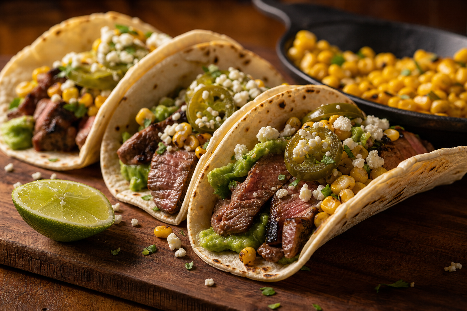 15 Taco Night Meat Filling Ideas 24 Flank steak tacos with guacamole, charred corn, pickled jalapeños, and queso fresco