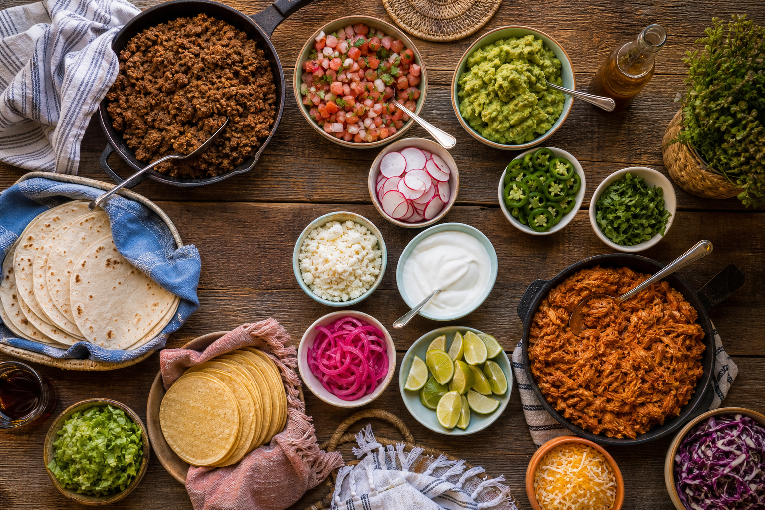 15 Taco Night Meat Filling Ideas 29 Full taco bar spread with ground beef, chicken, guacamole, pico, shredded cheese, and tortillas