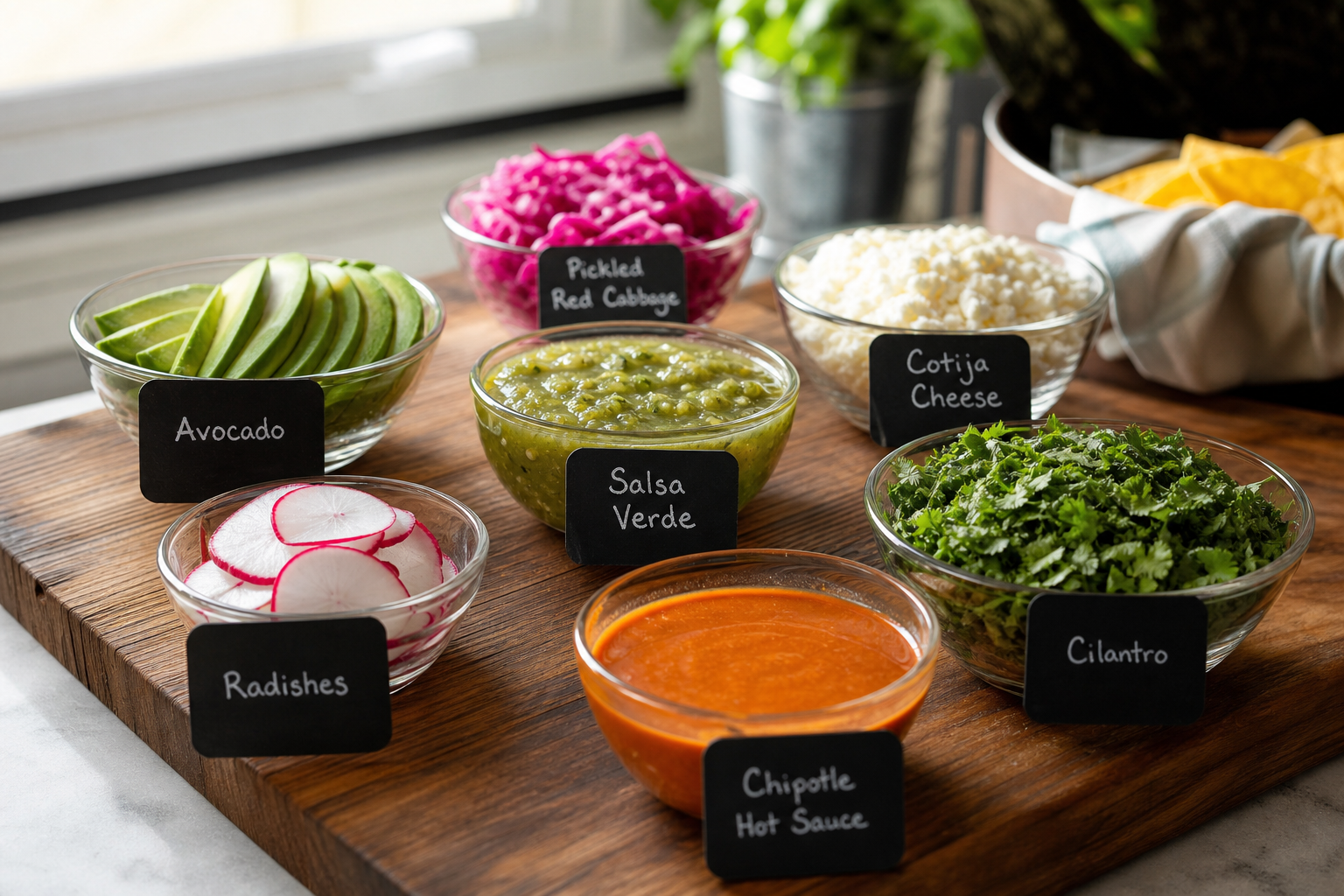 15 Taco Night Meat Filling Ideas 30 Taco bar topping station with avocado, salsa verde, pickled cabbage, cotija, radishes, and hot sauce