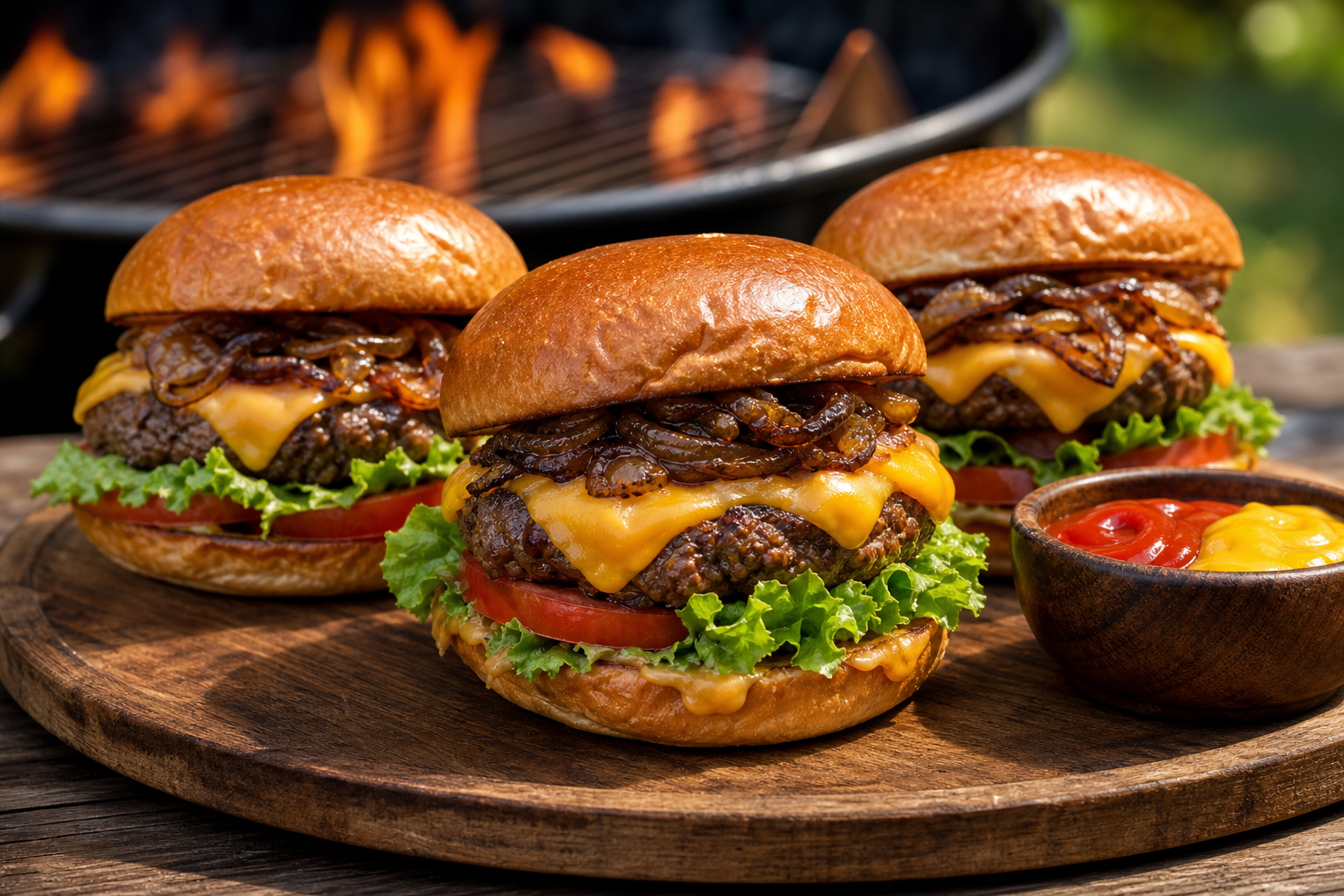 10 Tailgate Food Ideas for Football Season 15 Grilled cheeseburgers with caramelized onions on brioche buns on a wooden platter at a tailgate