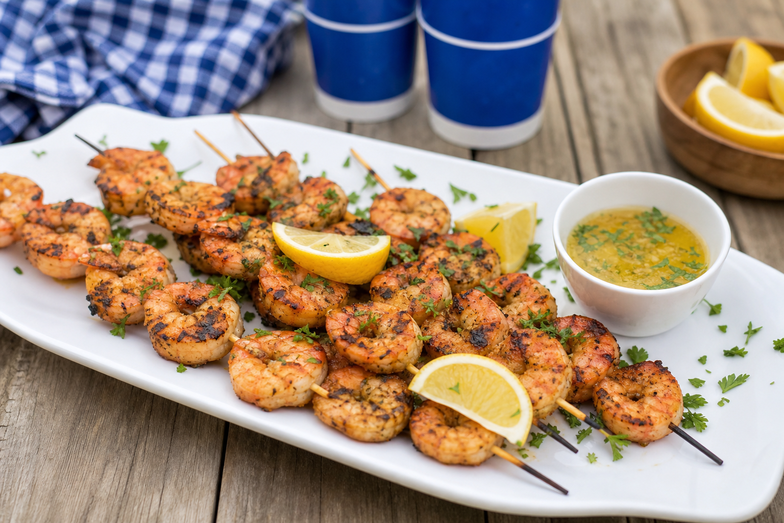 10 Tailgate Food Ideas for Football Season 16 Grilled shrimp skewers with char marks on a white platter with lemon wedges and garlic butter dipping sauce