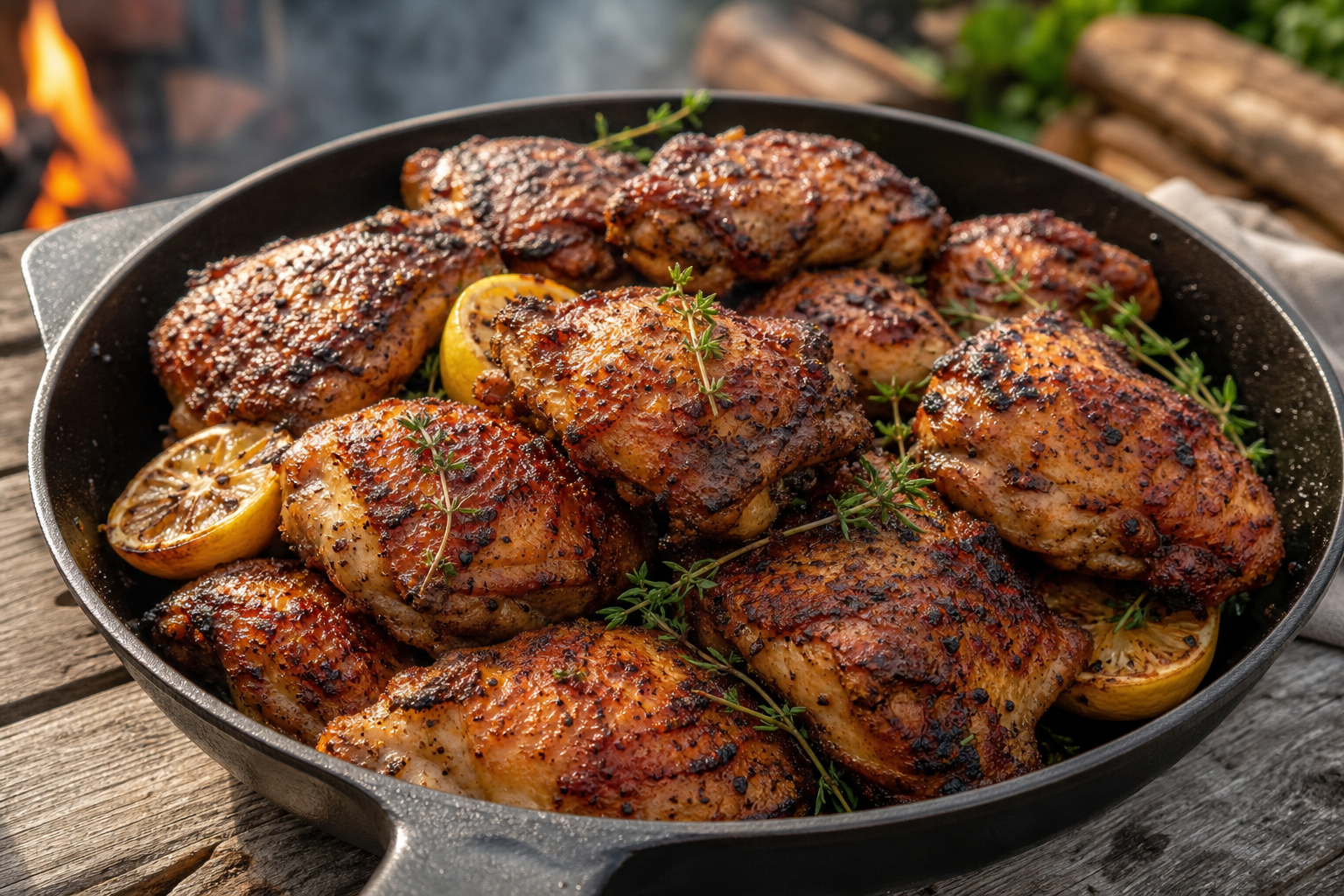 10 Tailgate Food Ideas for Football Season 17 Crispy grilled chicken thighs with seasoned skin piled in a cast iron skillet at an outdoor tailgate
