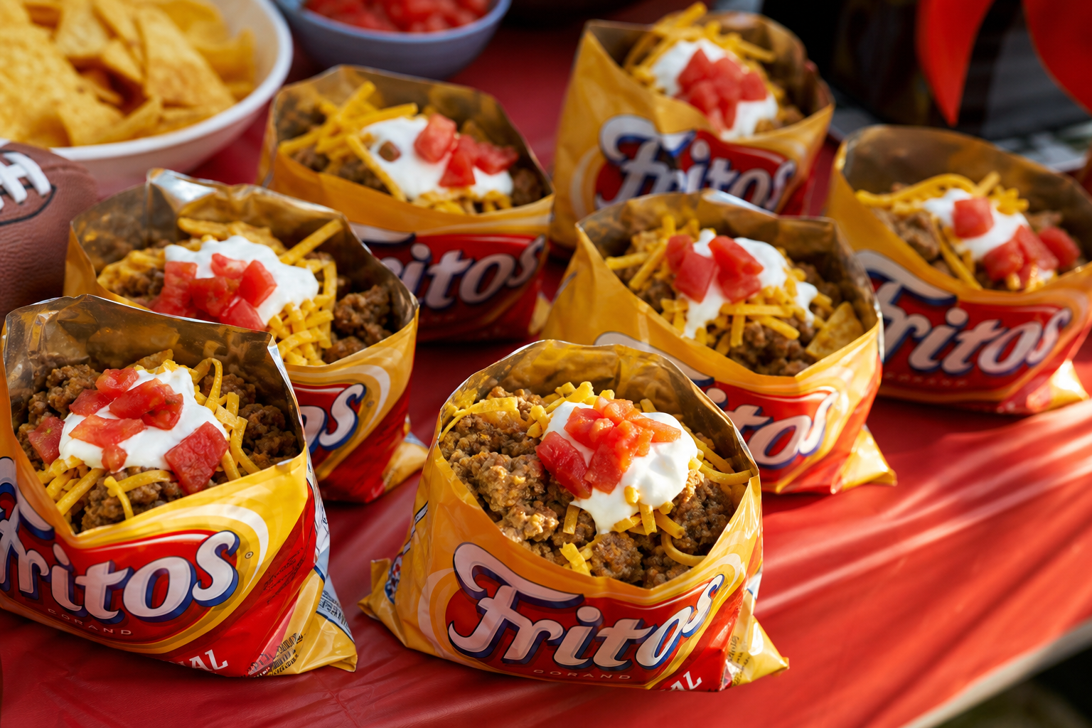 10 Tailgate Food Ideas for Football Season 12 Walking tacos in individual chip bags topped with seasoned beef, cheese, and sour cream at a tailgate