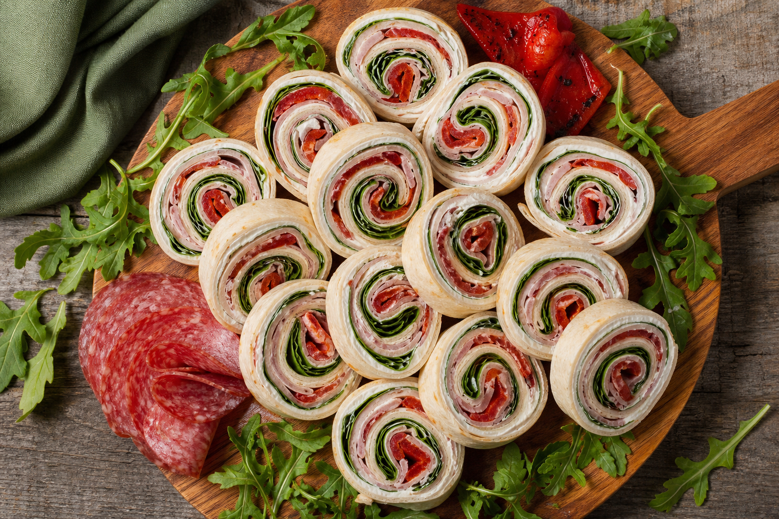 10 Tailgate Food Ideas for Football Season 13 Sliced pinwheel sandwiches filled with turkey, salami, cream cheese, and vegetables on a wooden board