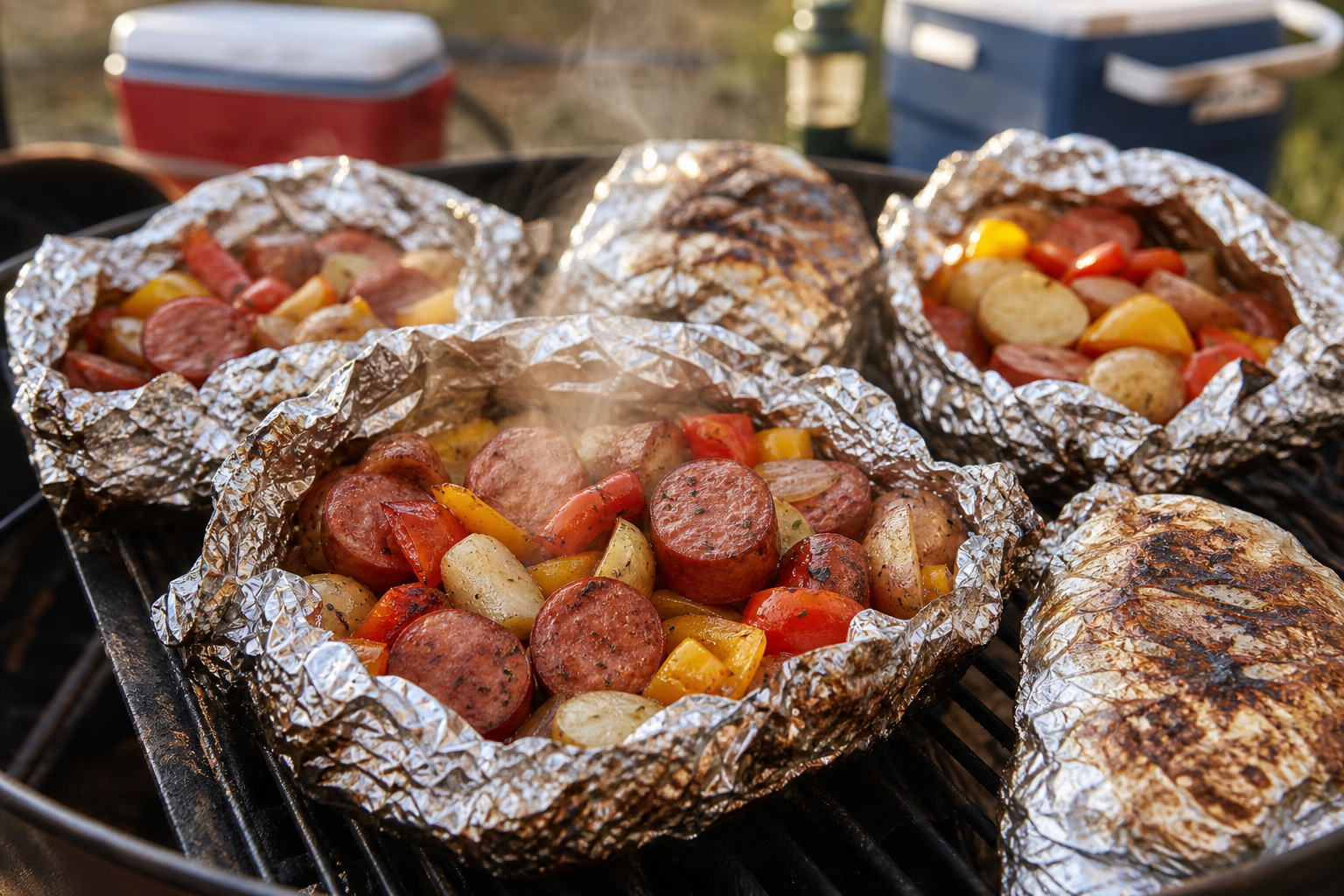 10 Tailgate Food Ideas for Football Season 14 Foil packet meals with sausage, peppers, onions, and potatoes on a grill at a tailgate party