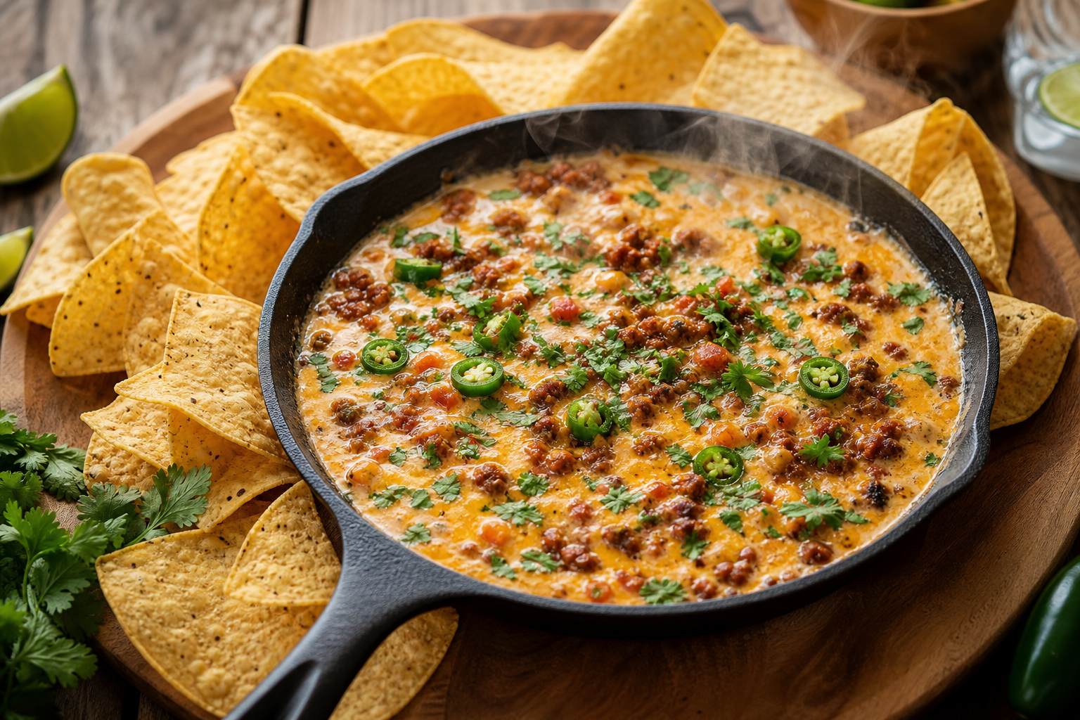 10 Tailgate Food Ideas for Football Season 18 Bubbling chorizo queso dip in a cast iron skillet surrounded by tortilla chips at a tailgate party