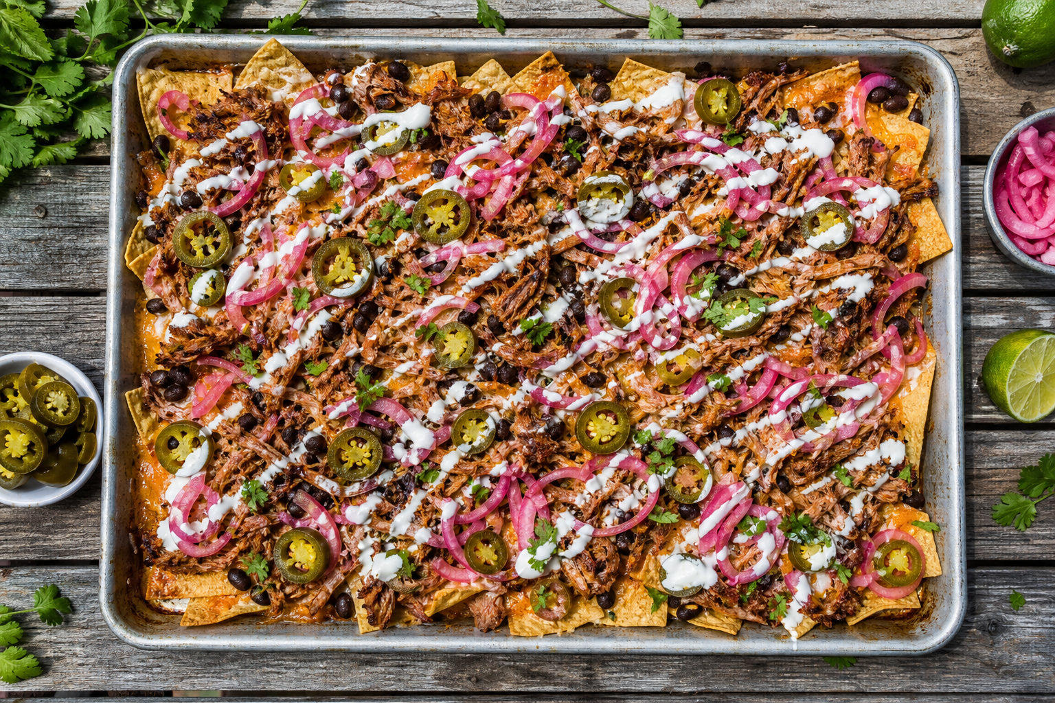 10 Tailgate Food Ideas for Football Season 19 Loaded pulled pork nachos on a large sheet pan with jalapeños, pickled onions, and crema at a tailgate