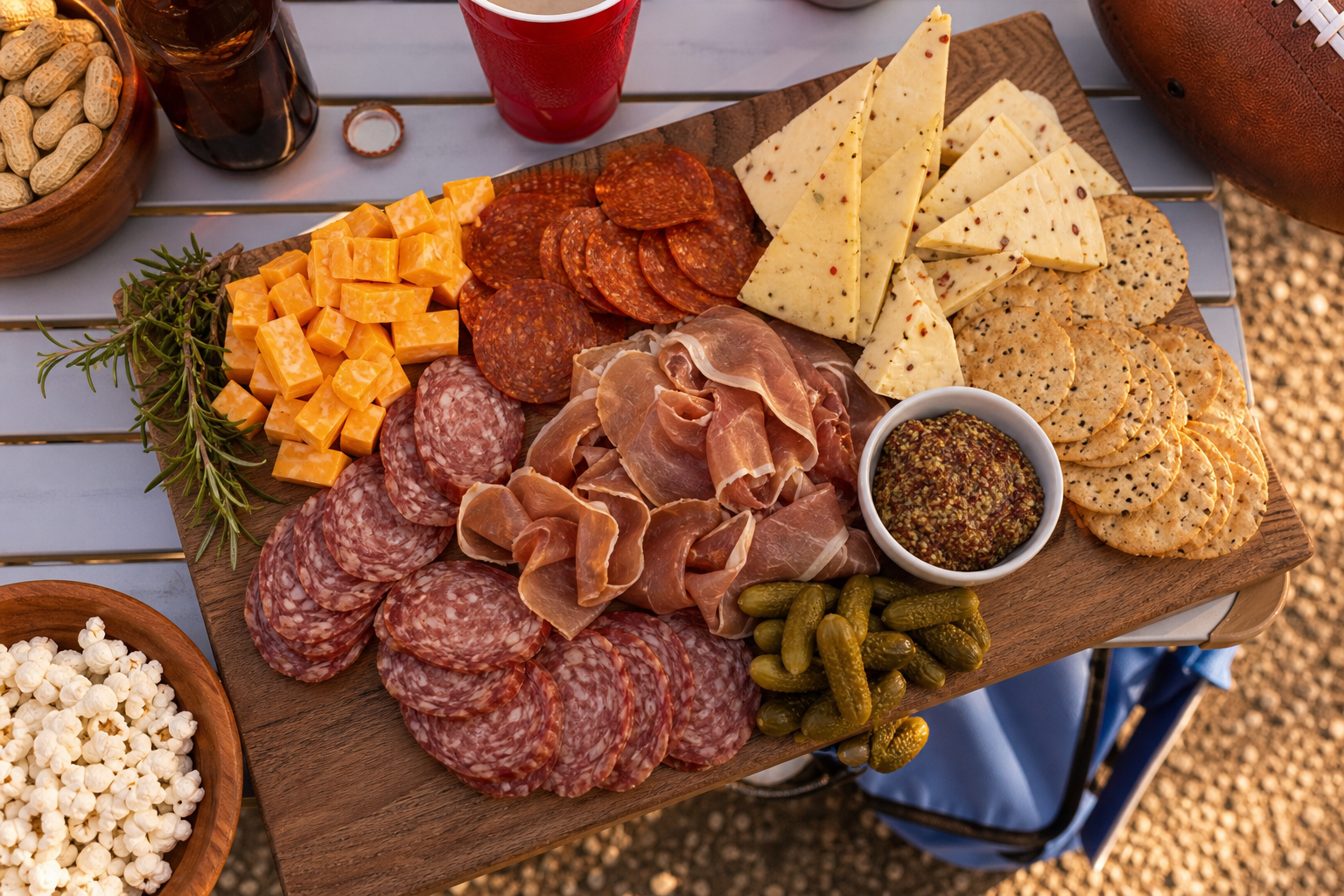 10 Tailgate Food Ideas for Football Season 20 Charcuterie board with salami, pepperoni, prosciutto, aged cheeses, mustard, and crackers at a tailgate