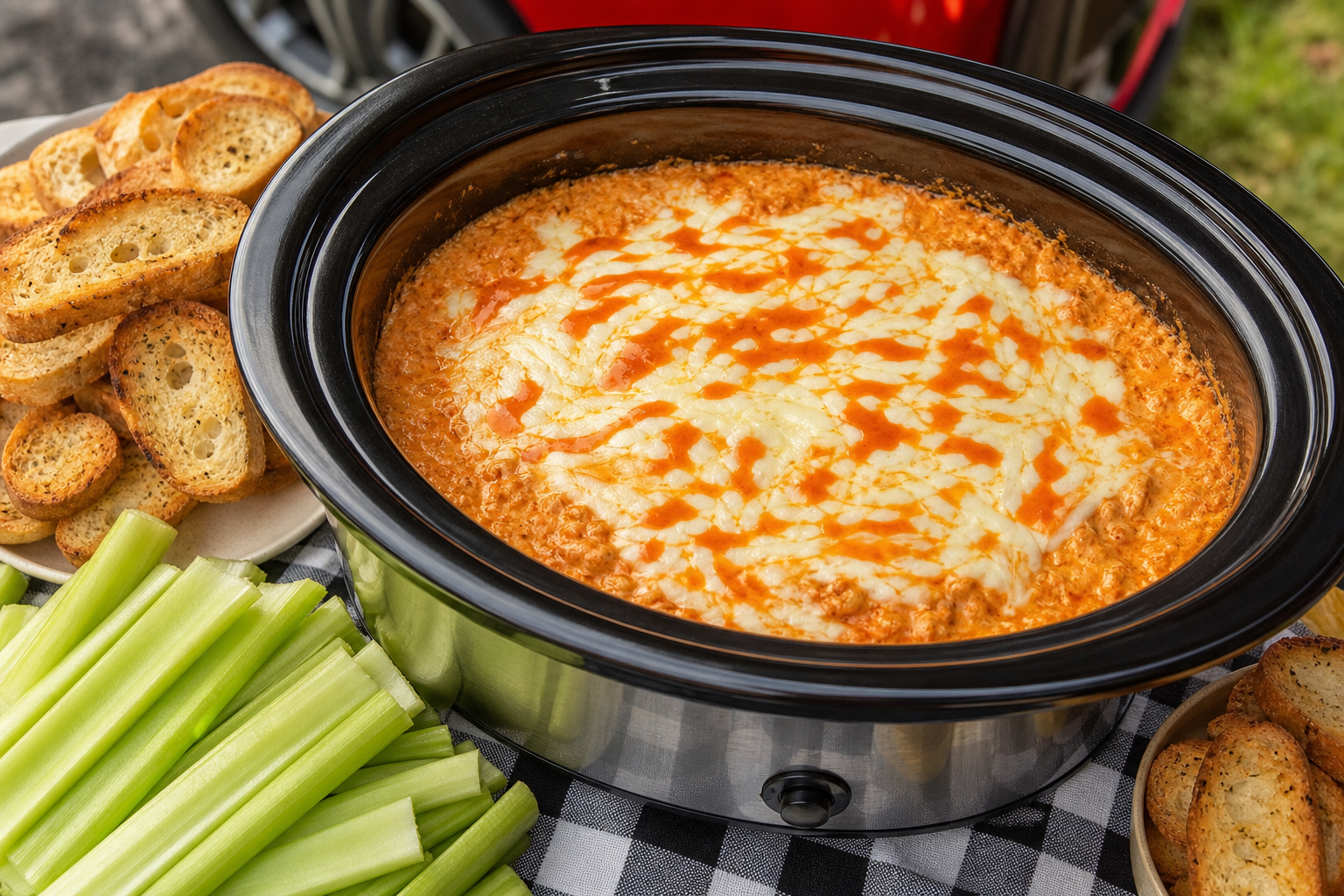 10 Tailgate Food Ideas for Football Season 21 Bubbling buffalo chicken dip in a slow cooker topped with melted mozzarella and hot sauce at a tailgate