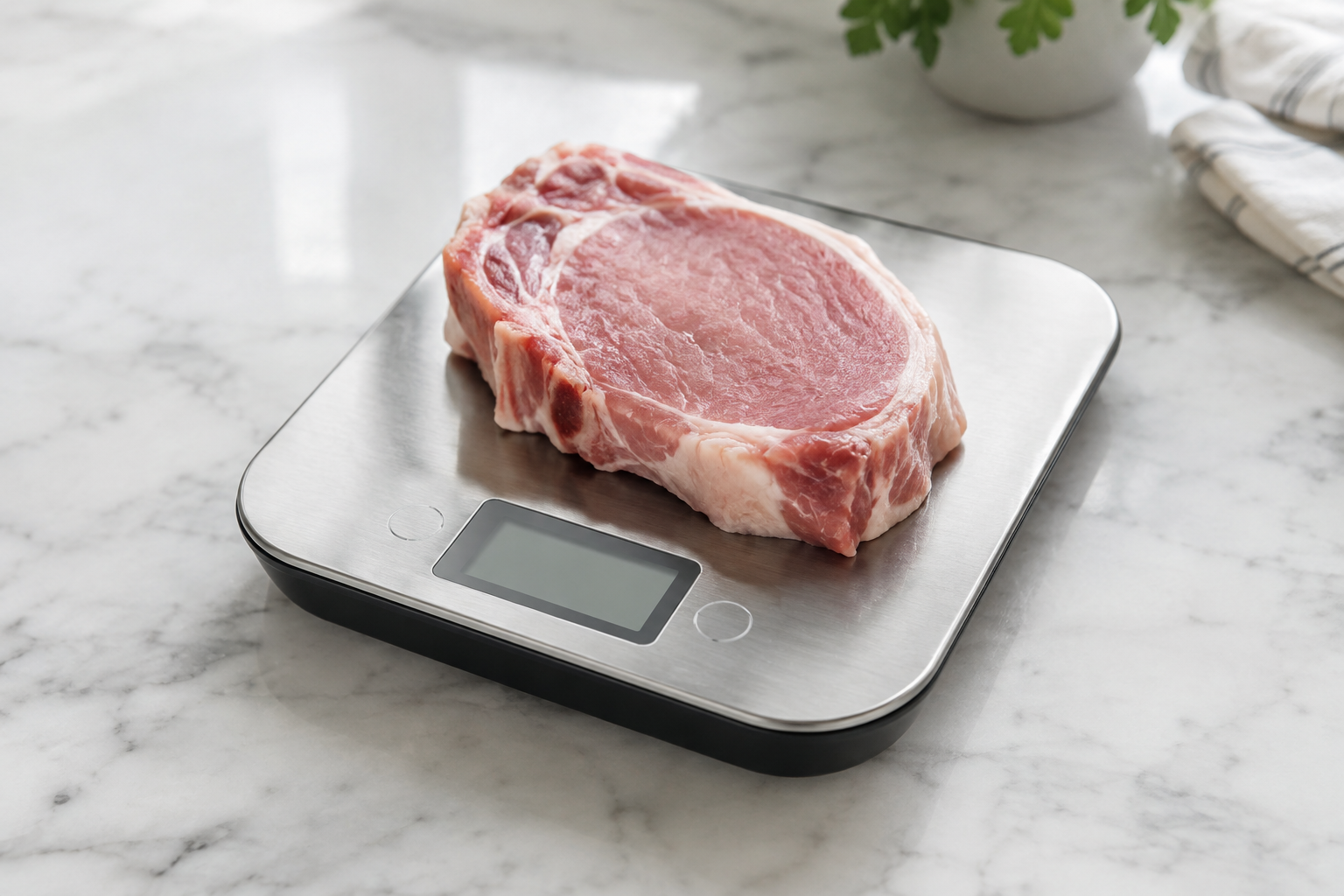 How Many Pork Chops Per Person? Size and Serving Guide 7 A pork chop being weighed on a digital kitchen scale for accurate portioning