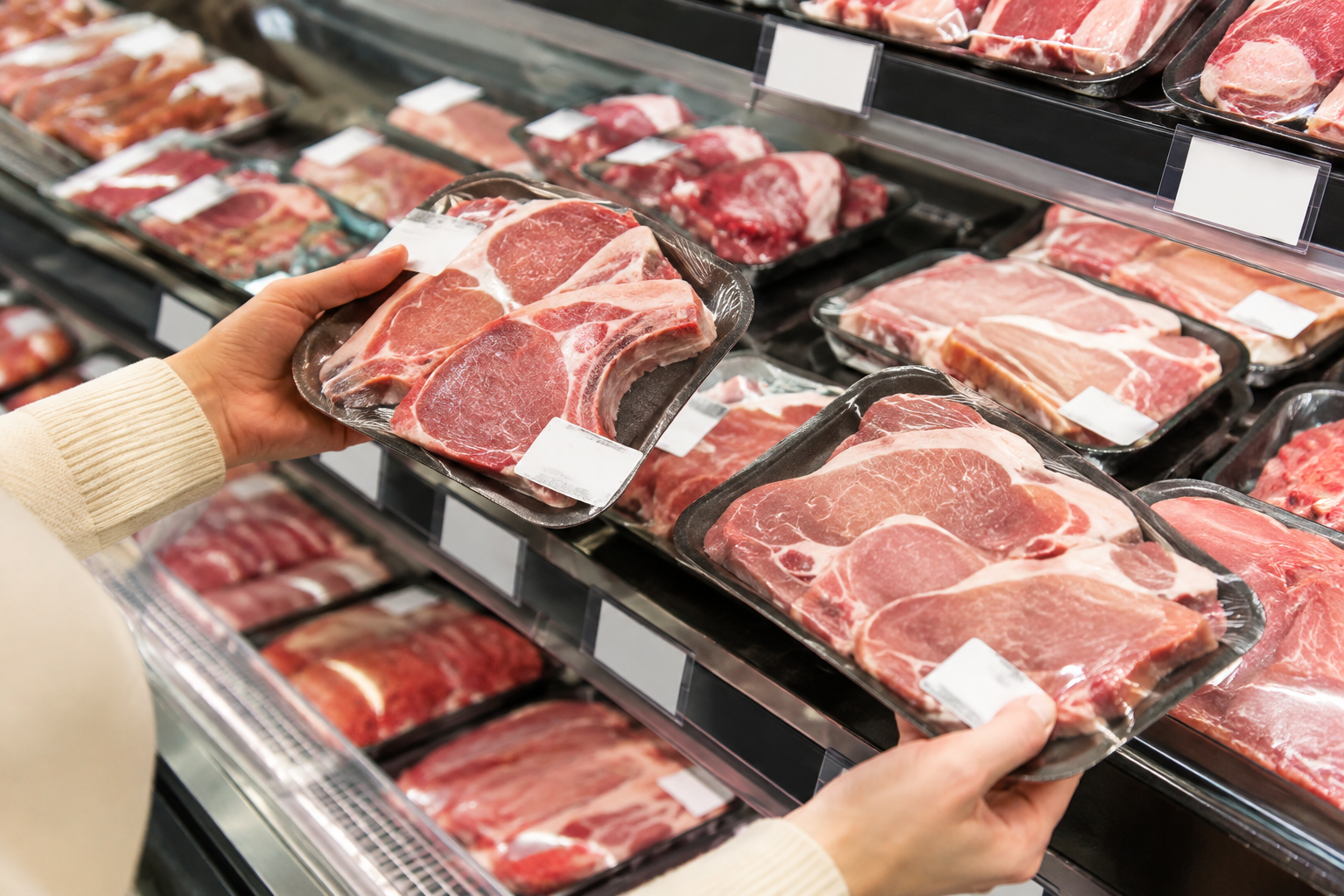 Hand comparing packaged bone-in and boneless meat cuts in a grocery store meat aisle