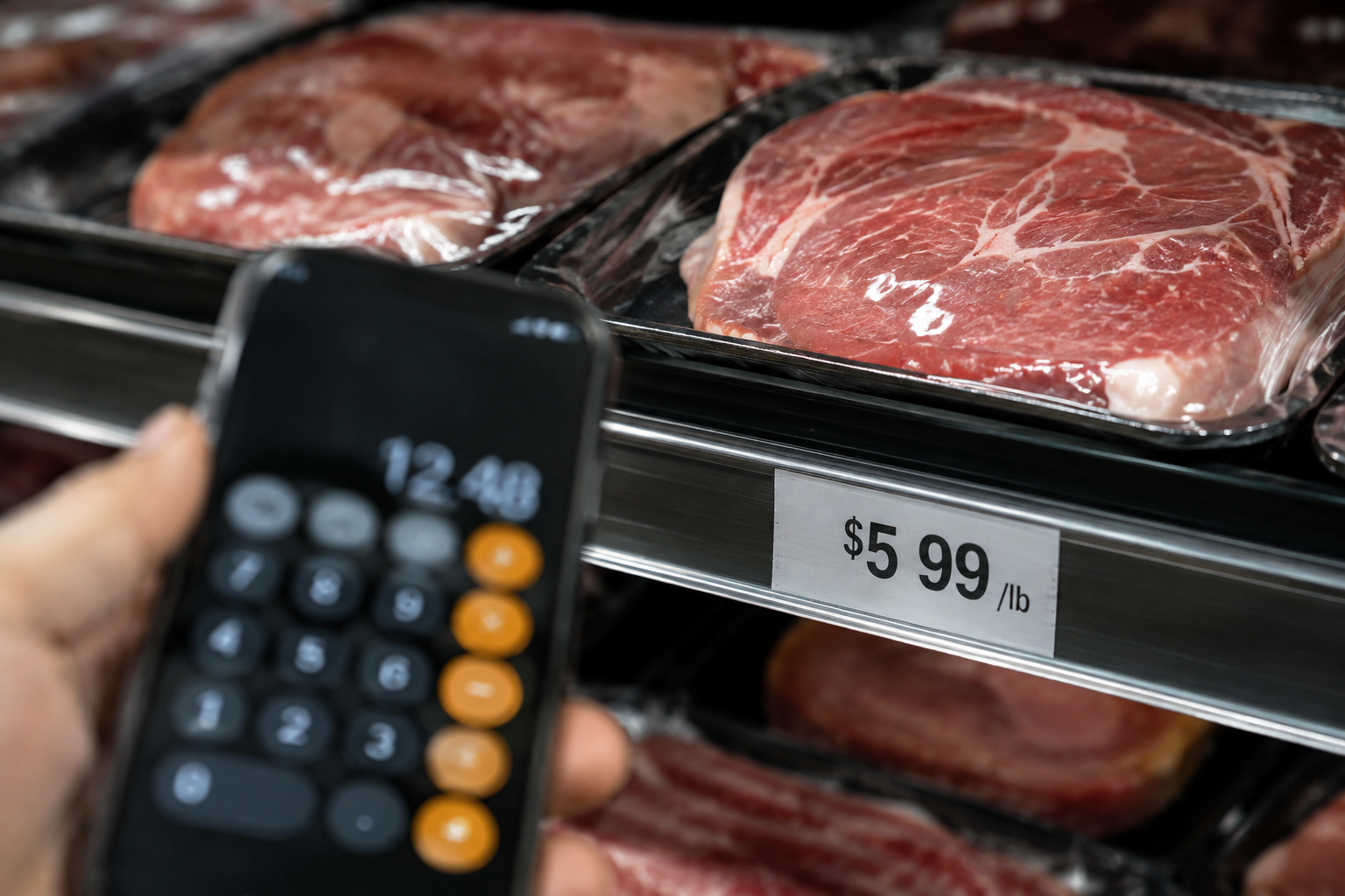 How to Tell Whether a Meat Sale Is Actually a Deal 6 Shopper comparing unit prices on meat packages in a grocery store aisle