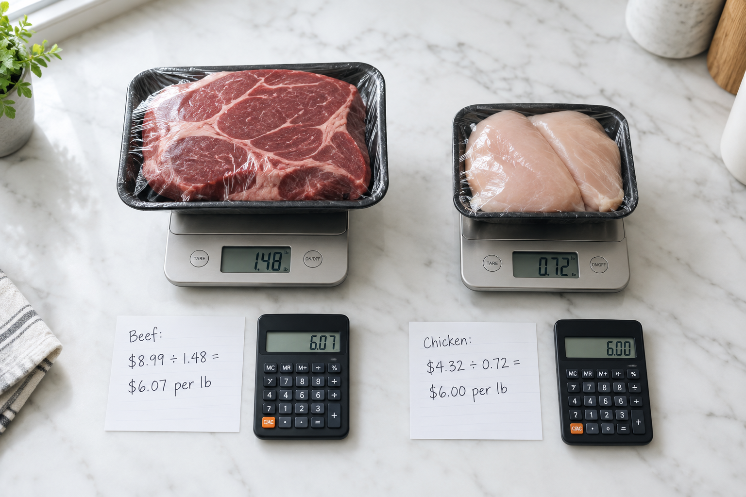How to Compare Meat Prices When Package Sizes Are Different 5 Kitchen scale comparing meat package prices per pound