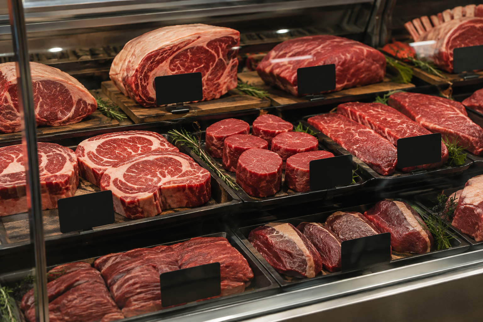 Butcher shop display case showing various steak cuts and pricing tags