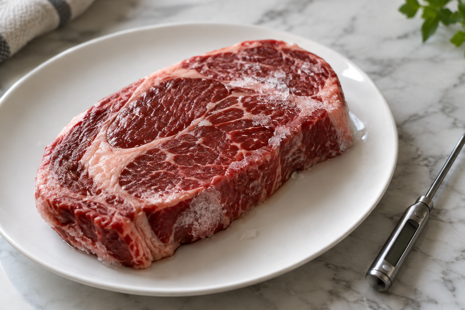 Can You Refreeze Meat After Thawing It? Beef, Pork, and Chicken Guide 5 Raw beef steak thawing on a kitchen counter with visible ice crystals