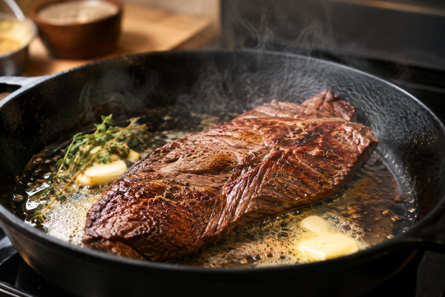 Chuck flap steak searing in a cast-iron skillet with butter
