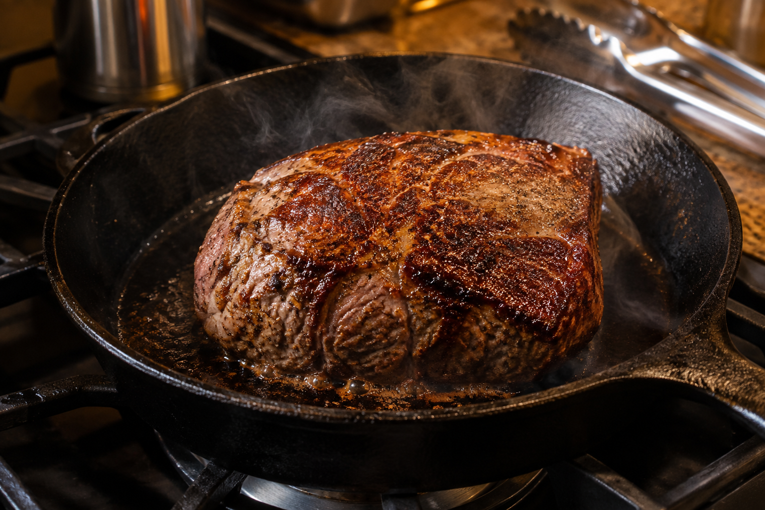 Top Round vs Bottom Round: Which Cheap Roast Should You Buy? 8 Top round roast searing in a cast iron skillet