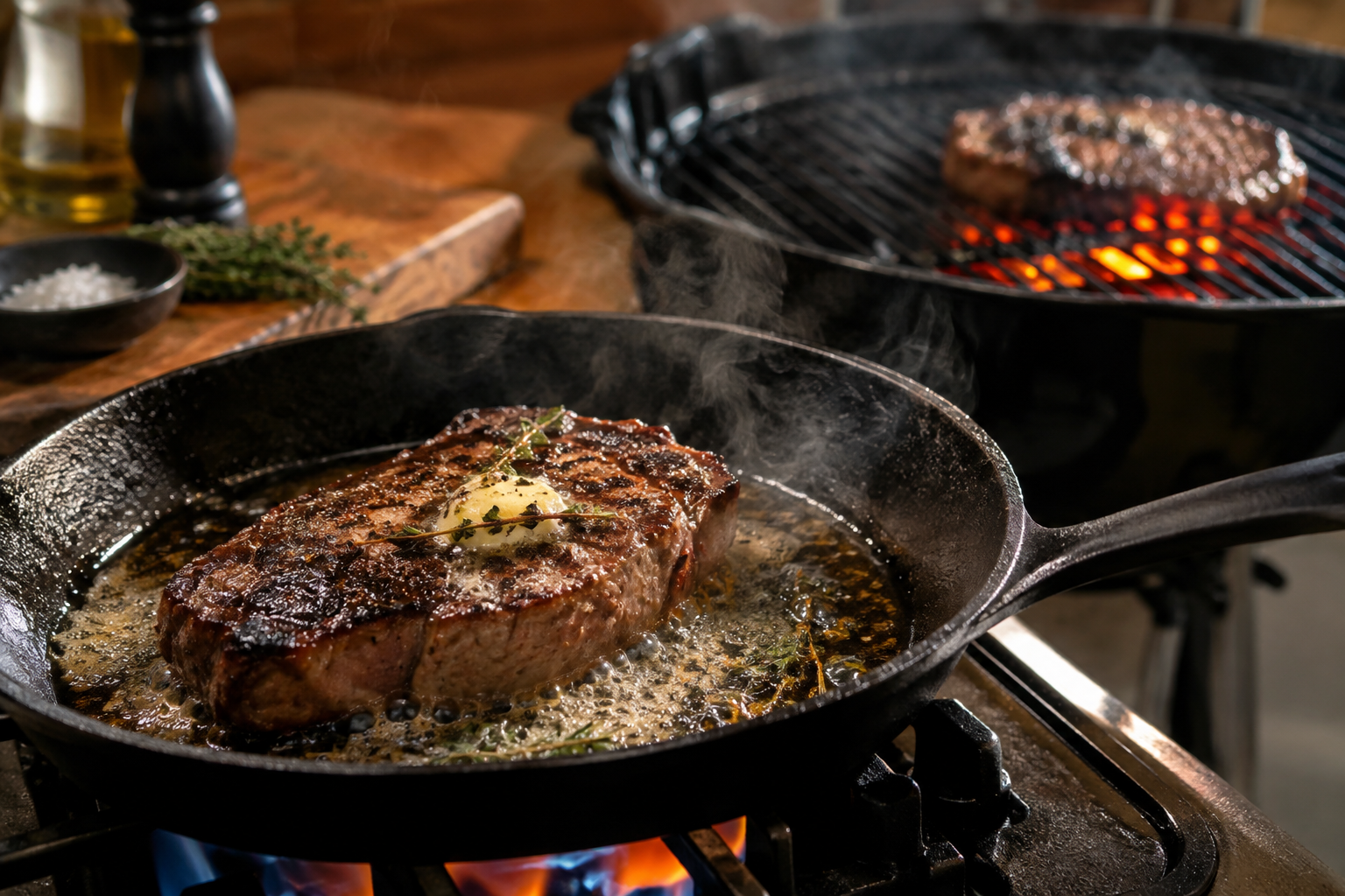 Steak being seared in a cast iron skillet and grilled over charcoal, showing best cooking methods
