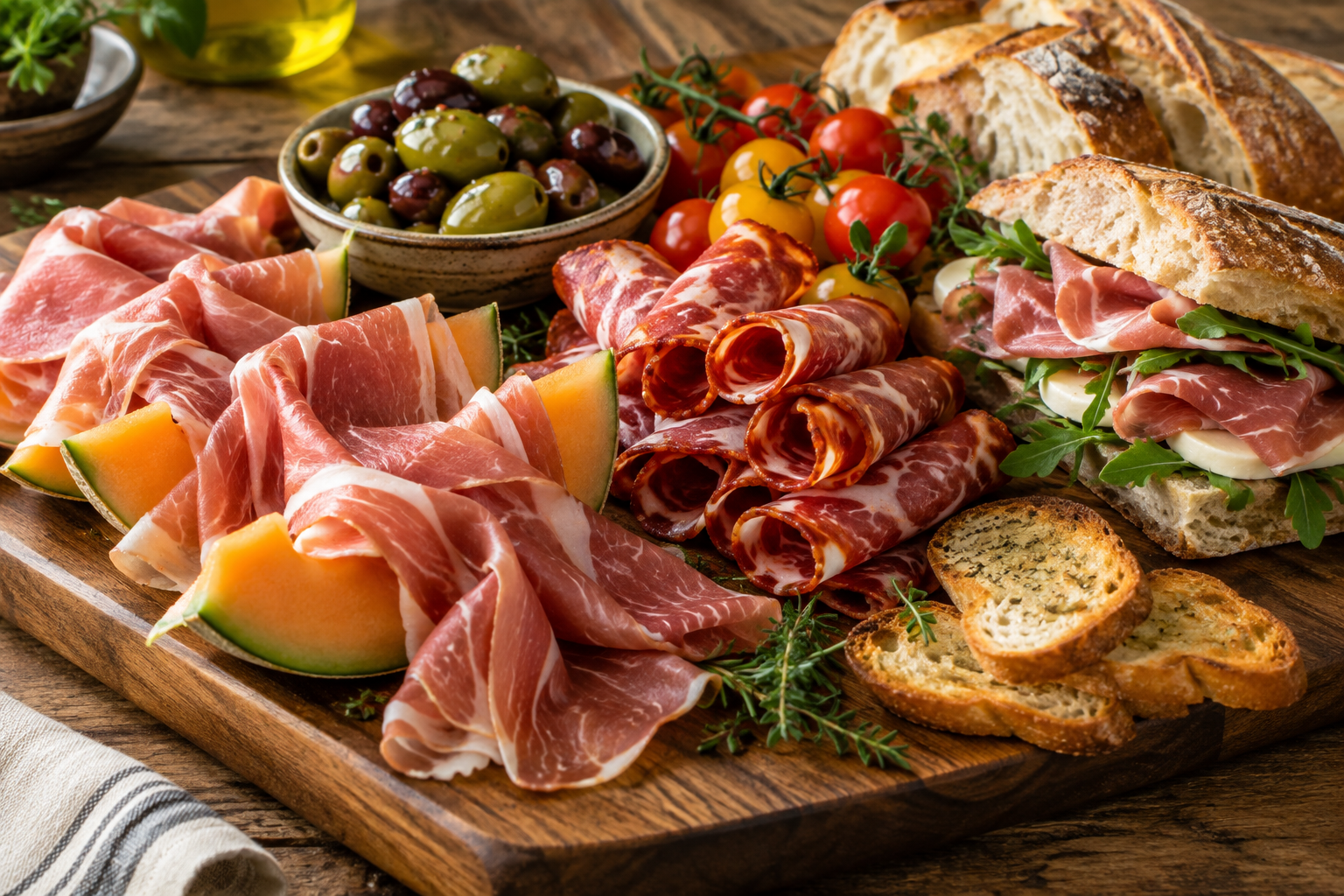 Capicola vs Prosciutto: Flavor, Cut, Curing, and Best Uses 6 Charcuterie spread showing prosciutto with melon and capicola on a sandwich as best uses