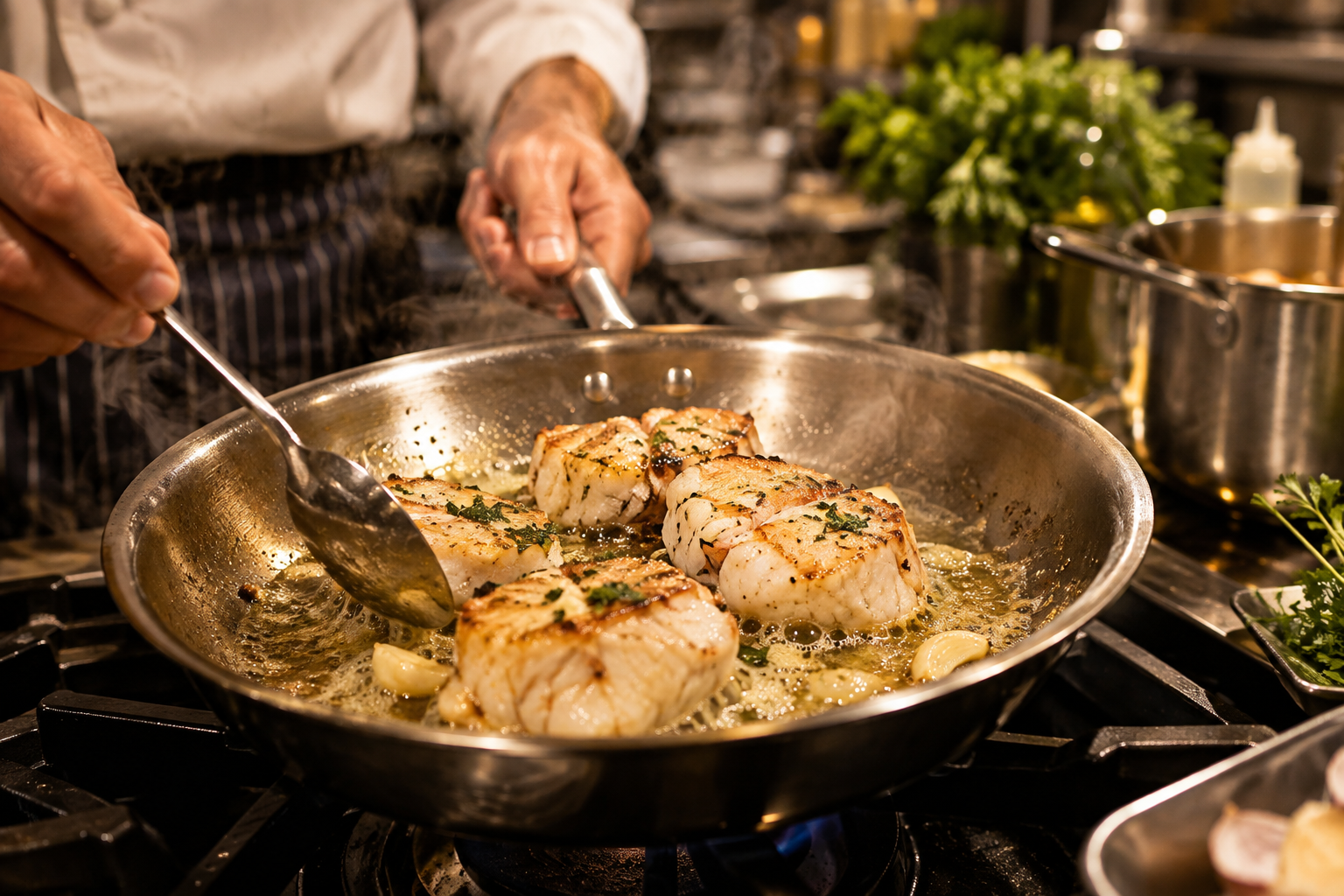 What Does Monkfish Taste Like? Texture, Flavor, and Best Ways to Cook It 9 Chef searing monkfish medallions in a skillet with butter and garlic
