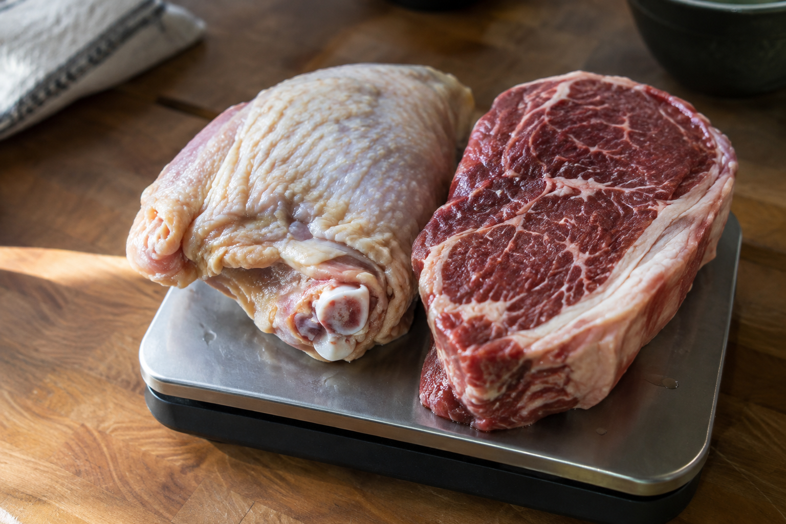 How to Tell Whether a Meat Sale Is Actually a Deal 8 Raw meat with visible bone and fat resting on a kitchen scale