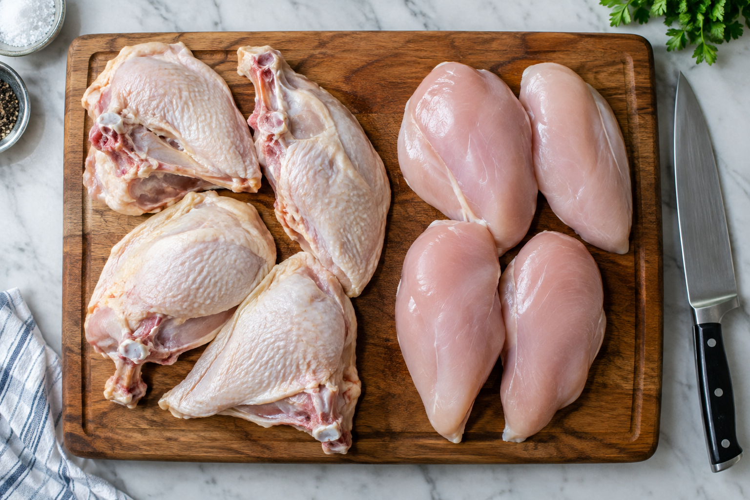 How Much Chicken Breast Per Person? Raw vs Cooked Weight Guide 7 Bone-in chicken breasts compared to boneless chicken breasts on a cutting board