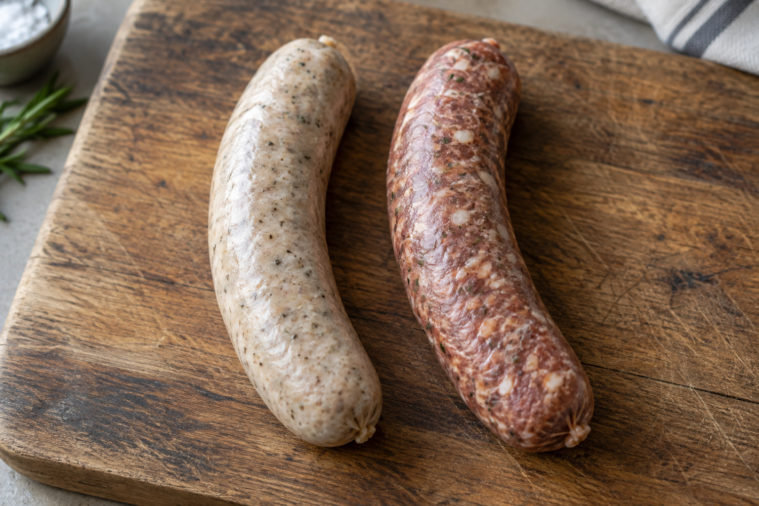 Raw bratwurst and Italian sausage side by side for comparison