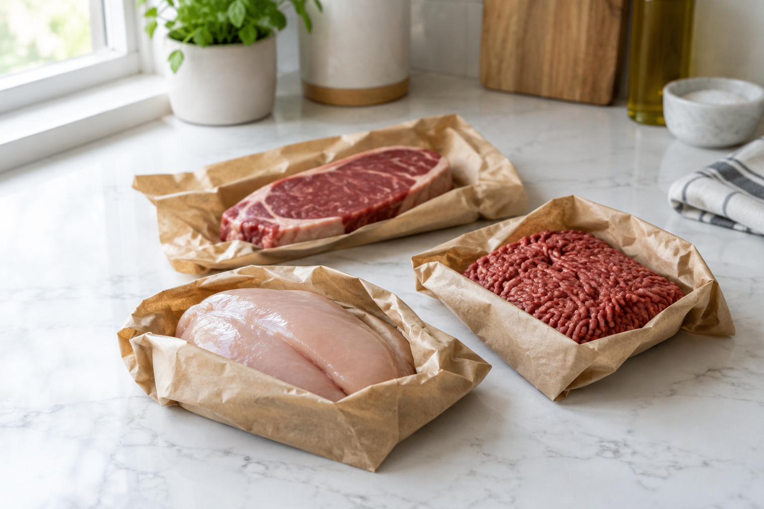 How to Buy Meat for Two Without Wasting Money 5 Small butcher-wrapped meat portions sized for two people on a kitchen counter