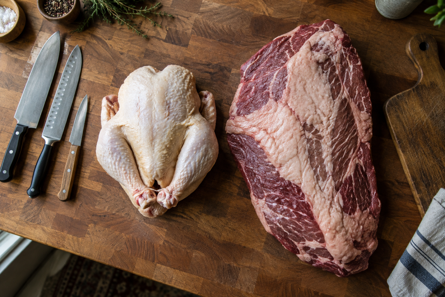 Whole raw chicken and beef brisket on a wooden butcher block ready for cutting