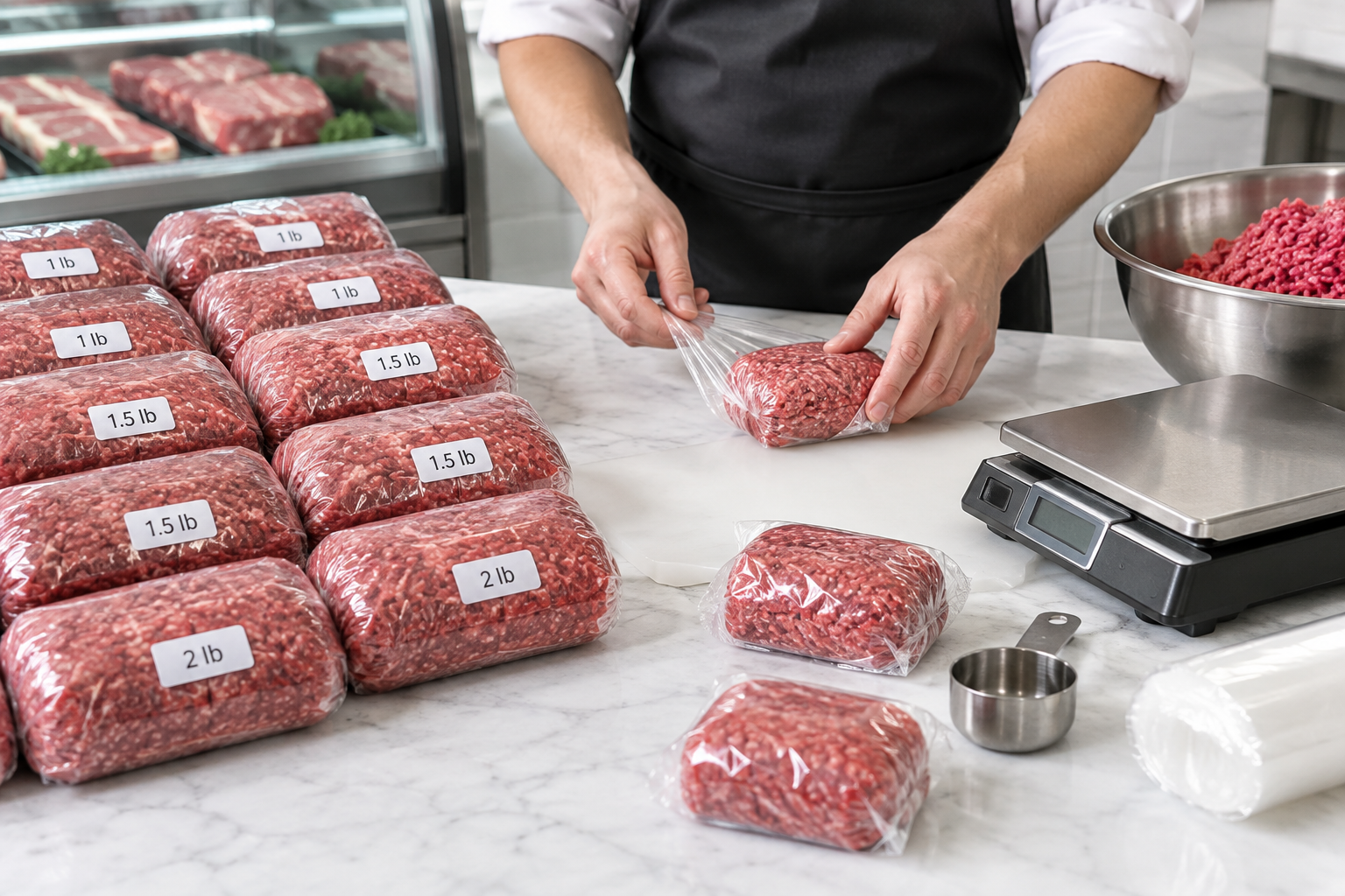 How Much Ground Beef Per Person? Burgers, Tacos, Meatballs, and More 9 Hands portioning and wrapping ground beef into individual packages for storage