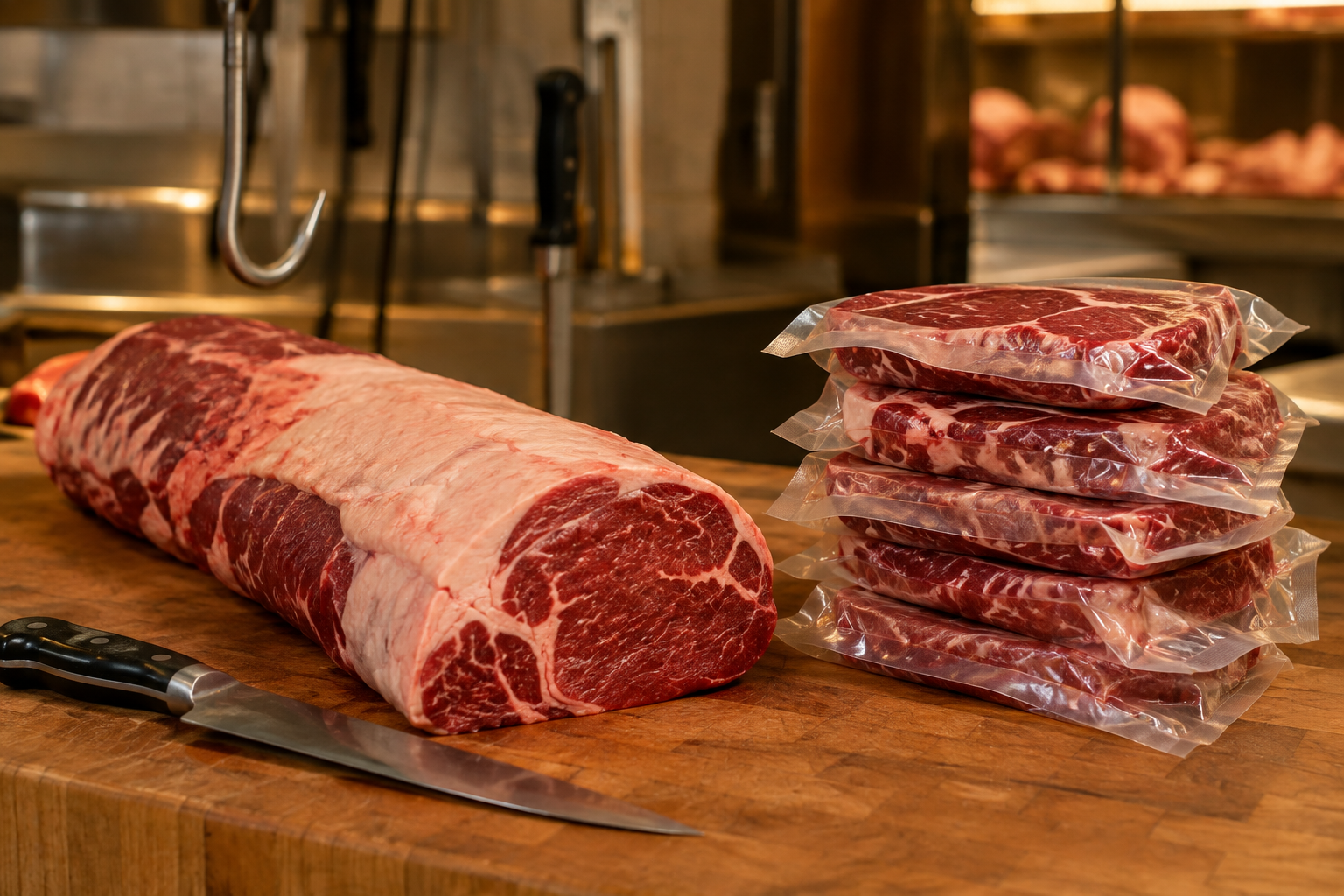 Whole beef cut next to pre-cut individual steaks in a butcher shop