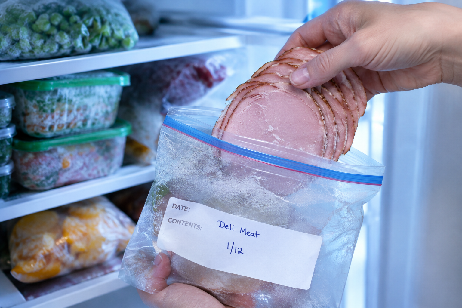 How Long Can Deli Meat Stay Open in the Fridge? 9 Sliced deli meat being packed into a freezer bag for long-term storage
