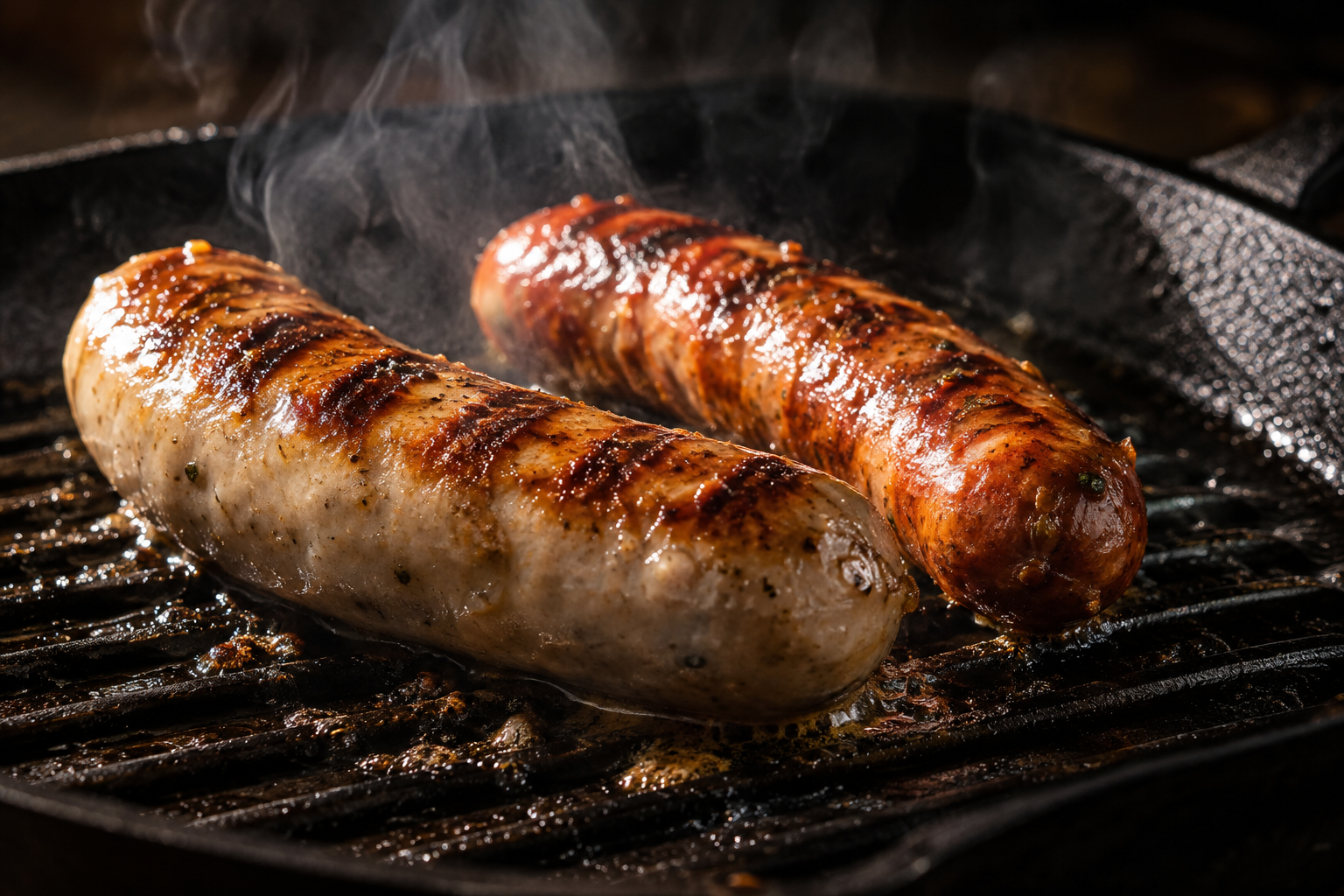 Bratwurst and Italian sausage cooking on a grill pan showing casing texture