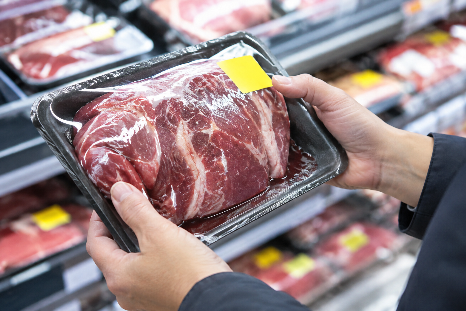 Hands inspecting a discounted meat package for damage or excess liquid before purchase